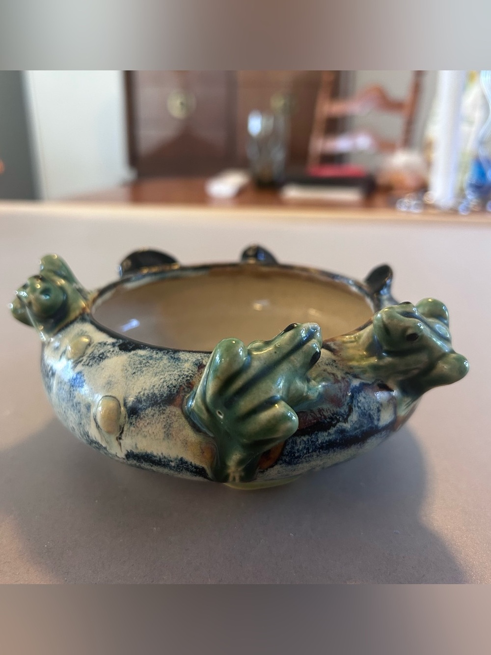 Handmade Studio Pottery Frog & Fish Bowl Planter Trinket Dish Woodland Rustic